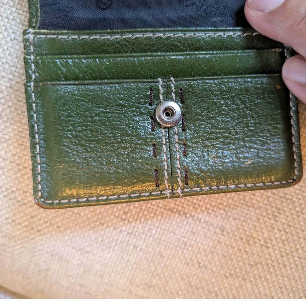 Vtg Fossil Card Green Leather Contrast Stitch Snap Bifold ID Window Wallet
